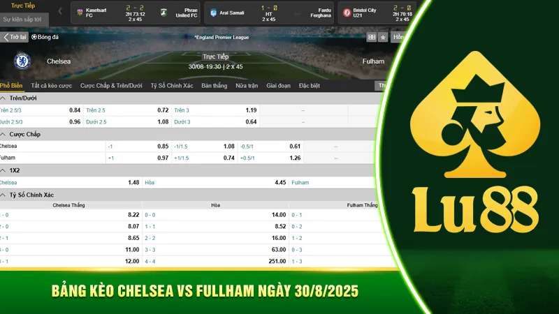 Bảng kèo Chelsea vs Fulham ngày 30/8/2025